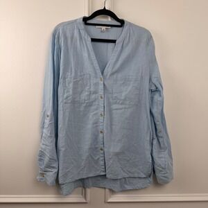 Anne Klein Jeans Light Blue Linen Blend Roll Tab Button Down Blouse Womens M